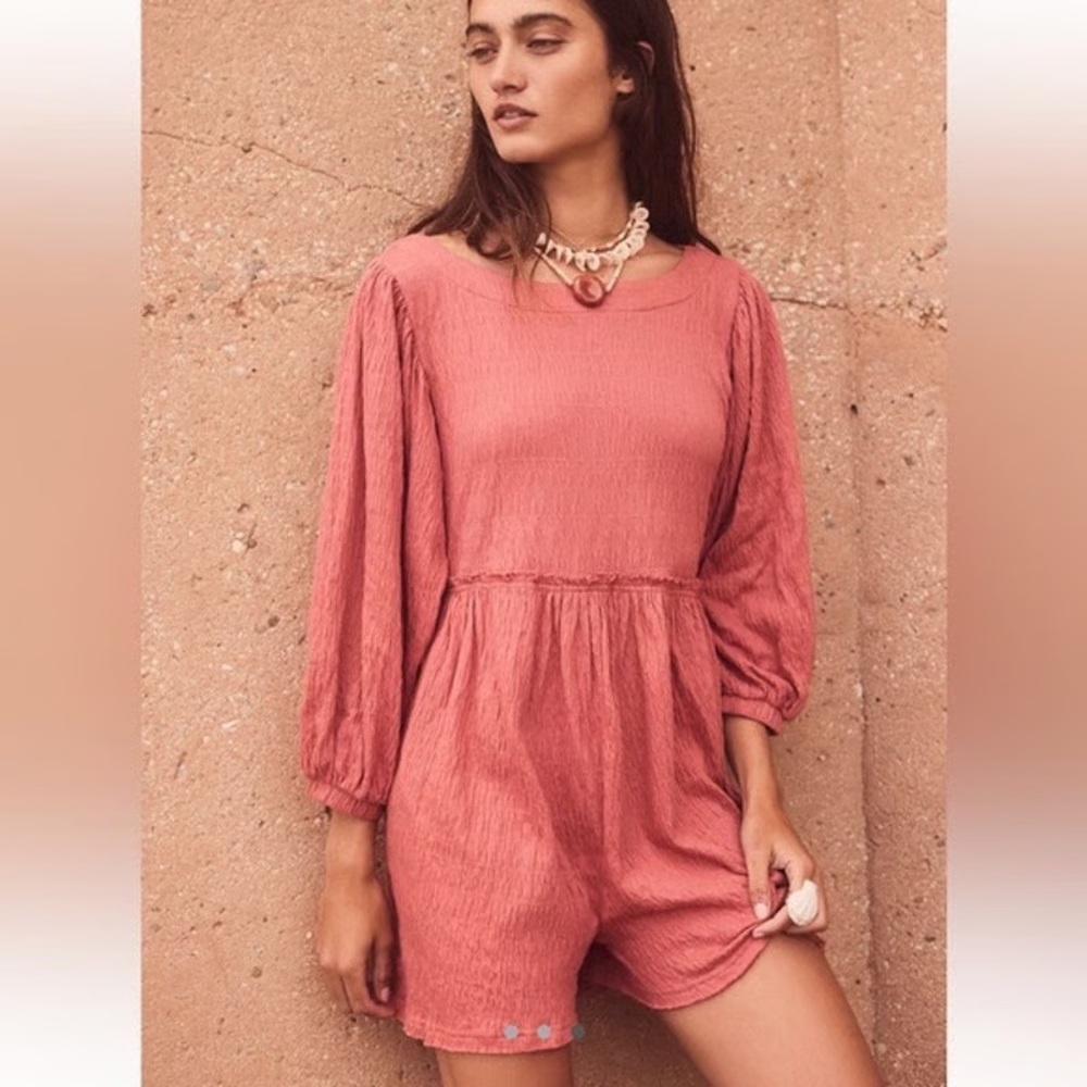 Free People FP Beach Beyond Obsessed Rose Pink Smocked Long Sleeve Romper Size S